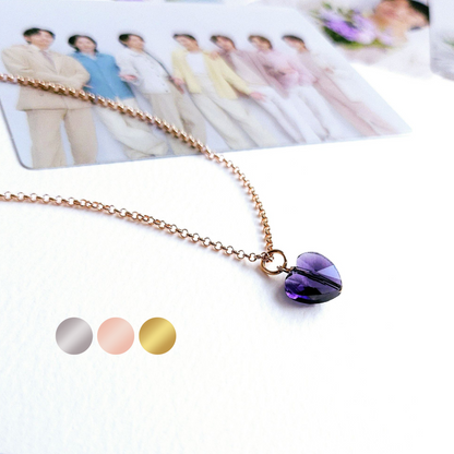 BTS inspirierte Halskette mit lila Herz-Anhänger aus Glas und 925-Silber-Kette in rosévergoldet, vergoldet oder silber