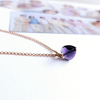 BTS inspirierte Halskette mit lila Herz-Anhänger aus Glas und 925-Silber-Kette in rosévergoldet, vergoldet oder silber