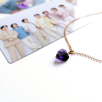 BTS inspirierte Halskette mit lila Herz-Anhänger aus Glas und 925-Silber-Kette in rosévergoldet, vergoldet oder silber