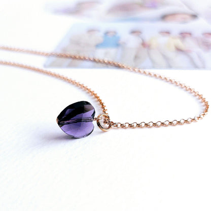 BTS inspirierte Halskette mit lila Herz-Anhänger aus Glas und 925-Silber-Kette in rosévergoldet, vergoldet oder silber