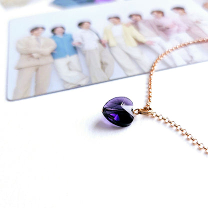 BTS inspirierte Halskette mit lila Herz-Anhänger aus Glas und 925-Silber-Kette in rosévergoldet, vergoldet oder silber