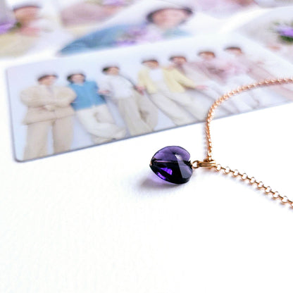BTS inspirierte Halskette mit lila Herz-Anhänger aus Glas und 925-Silber-Kette in rosévergoldet, vergoldet oder silber