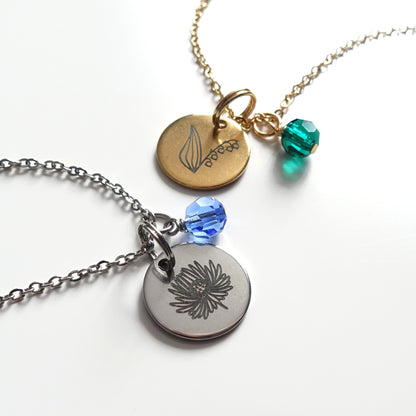 Personalisierte Halskette aus Edelstahl mit Geburtsblume und Geburtsstein