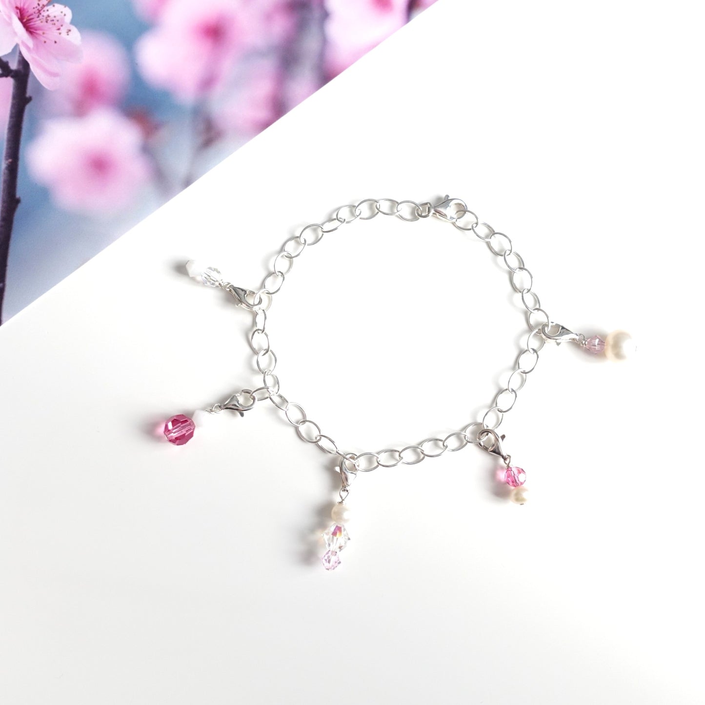 Charm-Set "Kirschblüte" mit 5 Charm-Anhängern aus 925er Silber in rosa, weiß und kristall