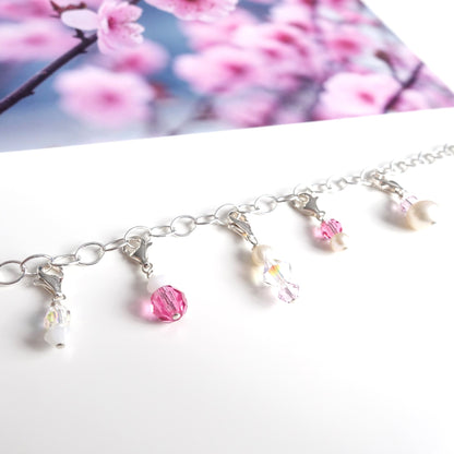 Charm-Set "Kirschblüte" mit 5 Charm-Anhängern aus 925er Silber in rosa, weiß und kristall