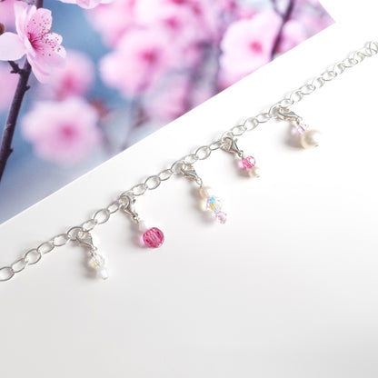 Charm-Set "Kirschblüte" mit 5 Charm-Anhängern aus 925er Silber in rosa, weiß und kristall