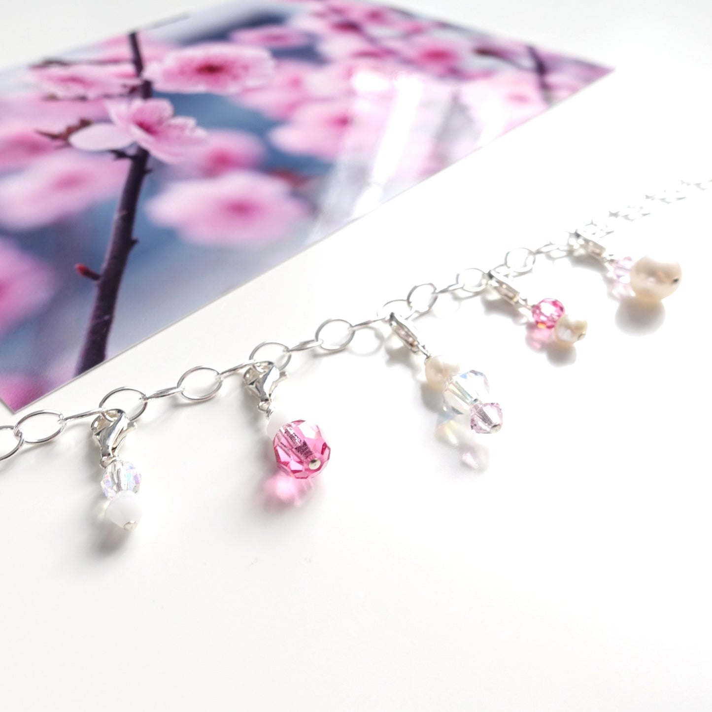 Charm-Set "Kirschblüte" mit 5 Charm-Anhängern aus 925er Silber in rosa, weiß und kristall
