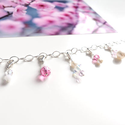 Charm-Set "Kirschblüte" mit 5 Charm-Anhängern aus 925er Silber in rosa, weiß und kristall