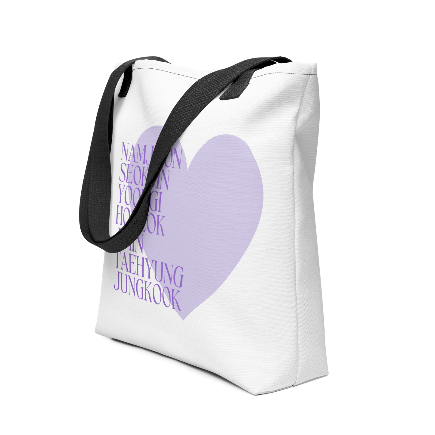 BTS inspirierte Tasche mit den Namen der Member und großem lila Herz