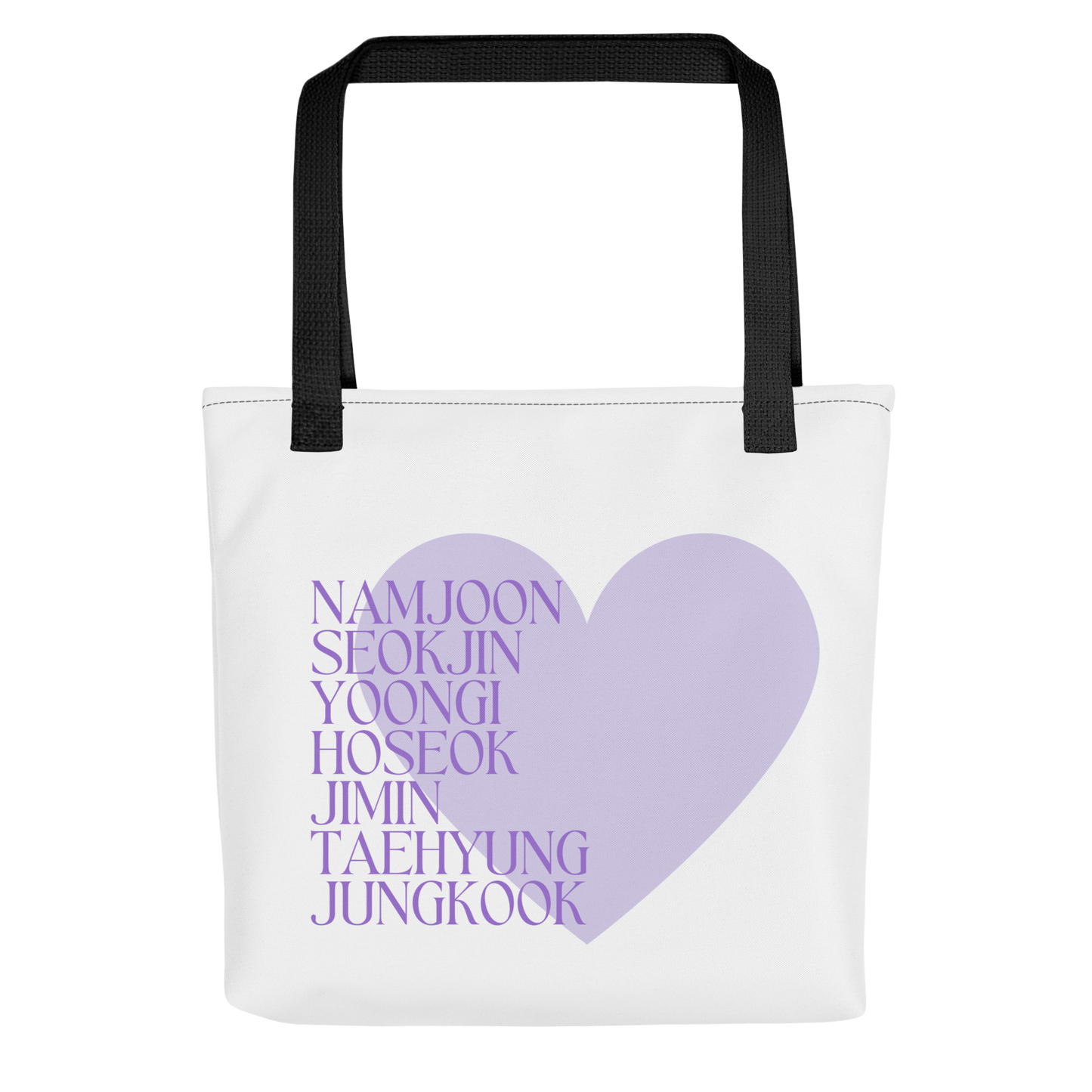 BTS inspirierte Tasche mit den Namen der Member und großem lila Herz
