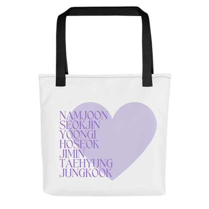 BTS inspirierte Tasche mit den Namen der Member und großem lila Herz