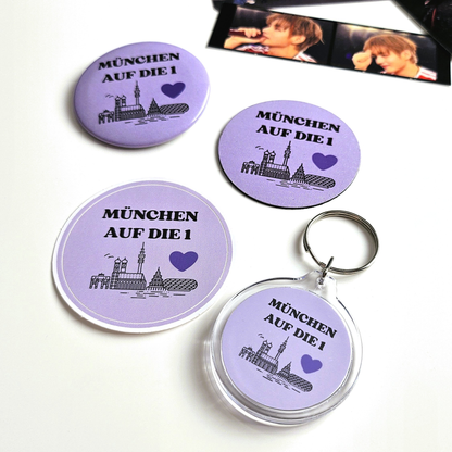 BTS Munich merch set “München auf die 1” with 4 pieces: button, keychain, magnet and sticker