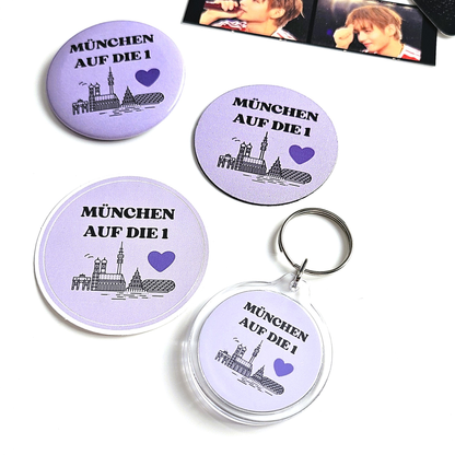 BTS Munich merch set “München auf die 1” with 4 pieces: button, keychain, magnet and sticker