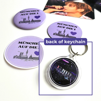 BTS Munich merch set “München auf die 1” with 4 pieces: button, keychain, magnet and sticker