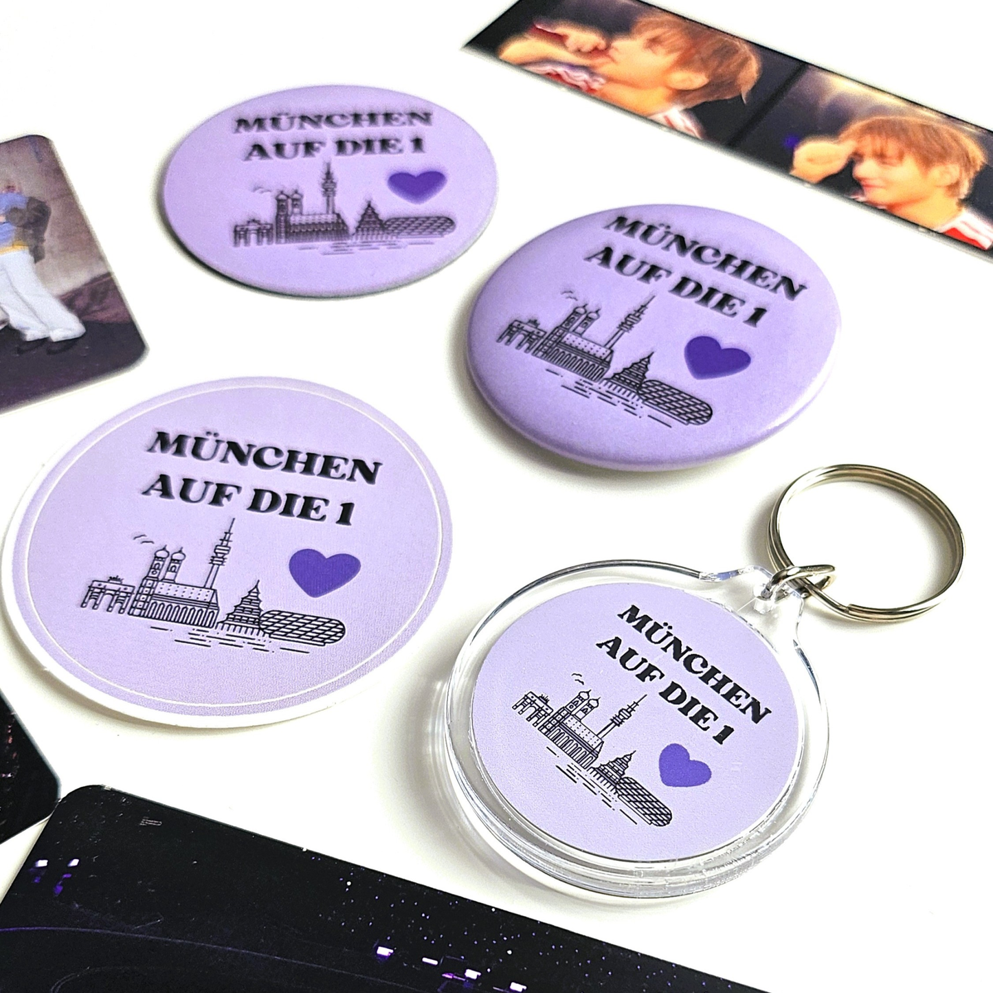 BTS Munich merch set “München auf die 1” with 4 pieces: button, keychain, magnet and sticker