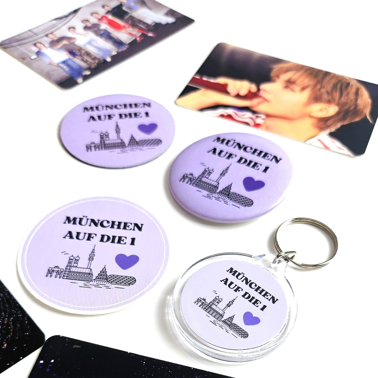 BTS Munich merch set “München auf die 1” with 4 pieces: button, keychain, magnet and sticker