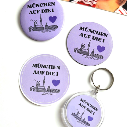 BTS Munich merch set “München auf die 1” with 4 pieces: button, keychain, magnet and sticker