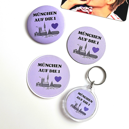 BTS Munich merch set “München auf die 1” with 4 pieces: button, keychain, magnet and sticker